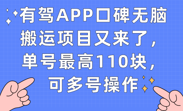 【副业项目7499期】有驾APP口碑无脑搬运项目又来了，单号最高110块，可多号操作-村长副业网