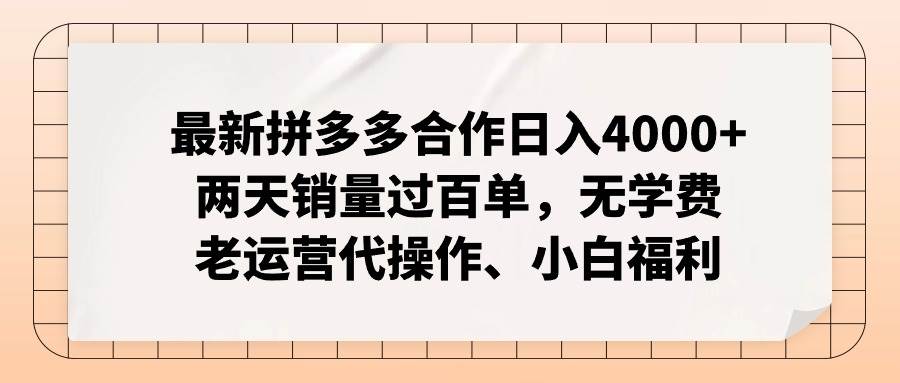 最新拼多多合作日入4000+两天销量过百单，无学费、老运营代操作、小白福利-村长副业网
