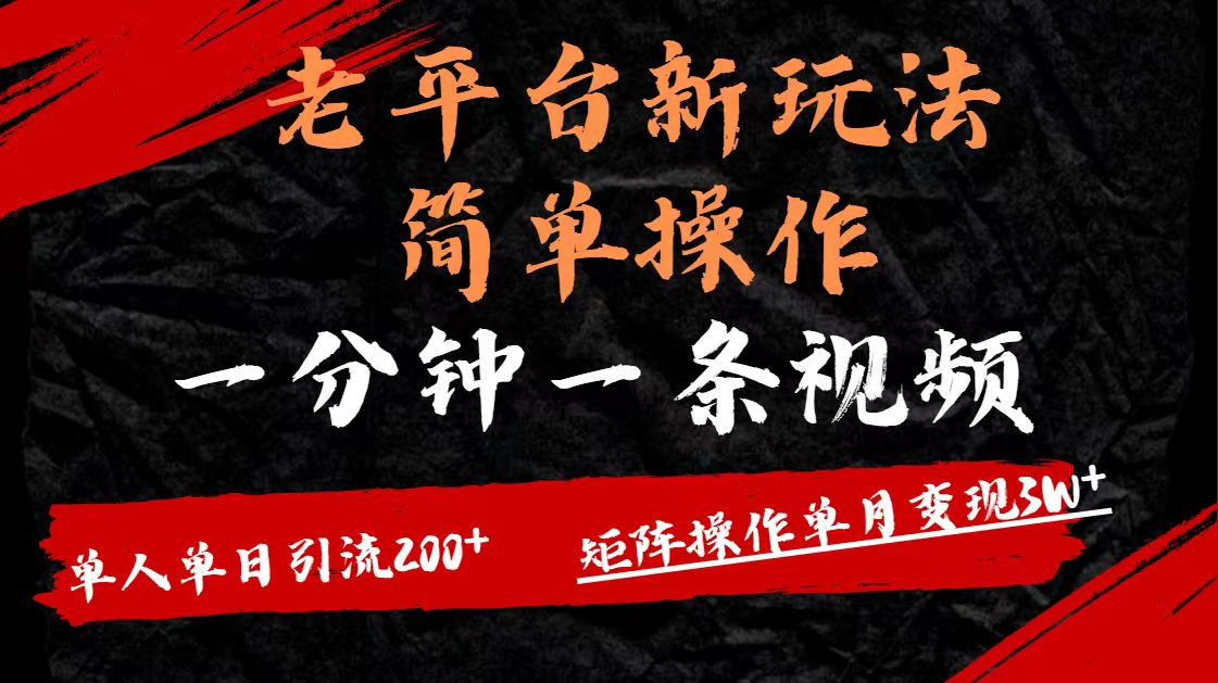 老平台，新玩法，简单操作，一分钟一条视频，单人单人引流200+矩阵操作，单月变现3W-村长副业网