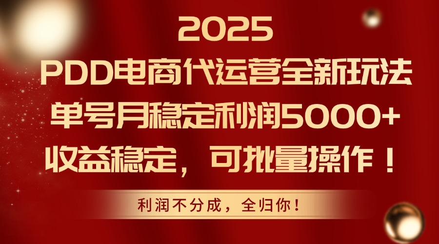 2025 PDD电商代运营全新玩法，单号月稳定利润5000+，收益稳定，可批量操作！-村长副业网